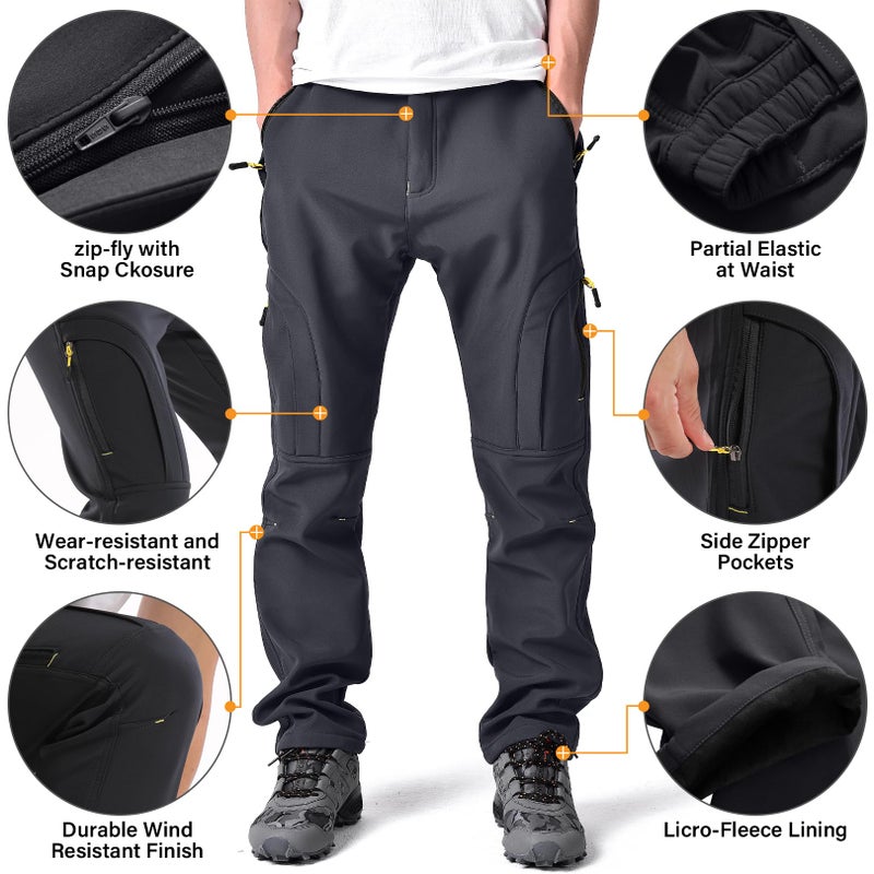 Toomett Men's snow Pants Skiing Winter Insulated Soft Shell Outdoor fleece lined Hiking Pants with zipper pockets,MH4409,Grey,30 - Image 4